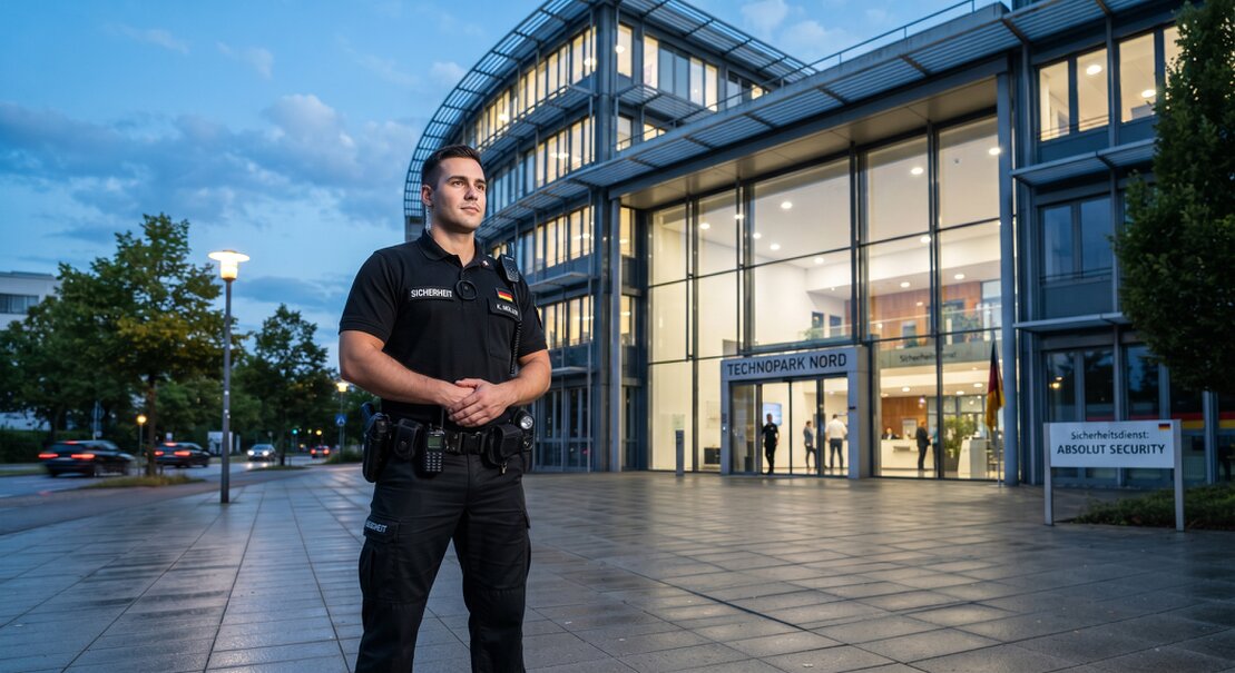 Bewachtes Industriegebäude bei Nacht